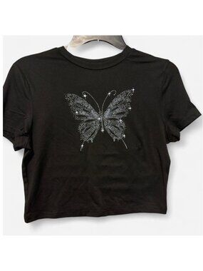 Black Butterfly Graphic Cropped Tee Print Sparkle Detail Medium
